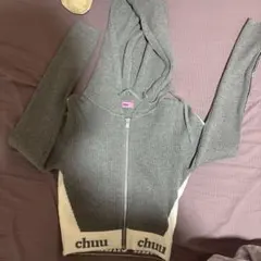chuu リブニット ジップアップパーカー グレー
