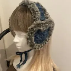 ハートイヤーマフ 耳あて ハンドメイド 青×グレー