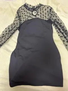 ブラック ドット柄 シースルー袖 パーティードレス