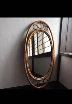 アンティーク ウォールミラー 籐 ラタン オーバル レトロ ビンテージ 鏡