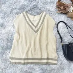 レトロガール (F) Vネック ニットベスト オーバーサイズ ゆったり 重ね着
