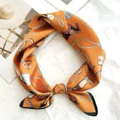 馬×ロープ×馬具柄　オレンジ　シルクスカーフ　シルク100% 絹バンダナ　レトロ