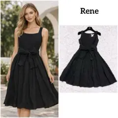 Rene リネン 麻 ノースリーブ フレア Aライン ワンピース ドレス 黒