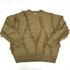 美品EdittbyYECCAVECCAカーキフリンジ付きベージュニットセーター