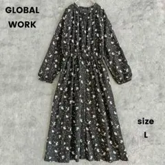 美品　グローバルワーク　シャツロングワンピース　前開き　ウエストゴム　花柄　L