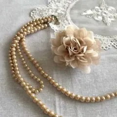 コサージュ & 2連パールネックレス 2点セット ベージュ ピンクゴールド