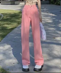 ハイウエストワイドストレートデニムカラーパンツ