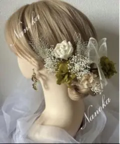 金箔付き♪グリーン×ホワイト髪飾り♪ドライフラワー♪成人式♪結婚式♪卒業式♪和玉