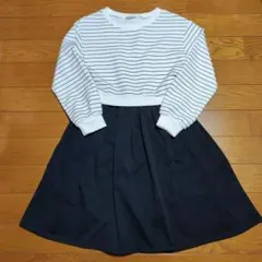 ikka 150cm 長袖 リップルボーダードッキングワンピース