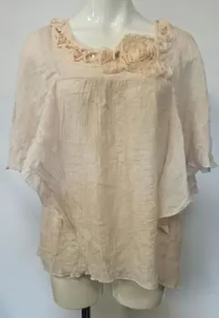 未使用品 涼感 麻棉 シアー素材 刺繍入り 半袖 ブラウス ペールピンク 