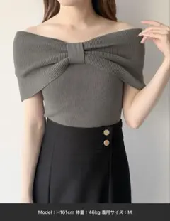 オフショルダー リボン ニット 半袖 グレー M