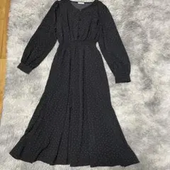 【美品】ドット柄ロングワンピース フロントボタン 黒 S