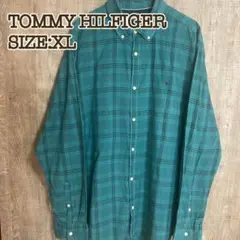 TOMMY HILFIGER BDシャツ グリーン系チェック XL 刺繍ロゴ