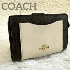 コーチ 二つ折り財布 シグネチャー ホワイト×ブラウン ゴールドロゴ ファスナー