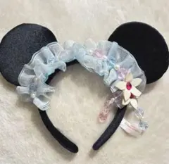 ディズニーカチューシャ イヤリング ミニー 水色 フリル 平成 キラキラ ビーズ