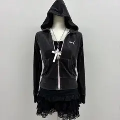 平成ギャル y2k 00s PUMA ベロア ジップパーカー ロゴ ダークコア