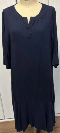 ネイビー、七分袖ワンピ、M、レーヨン、リネン