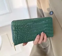緑　クロコダイル風　長財布 型押し ラウンド型 メンズ レディース　ユニセックス