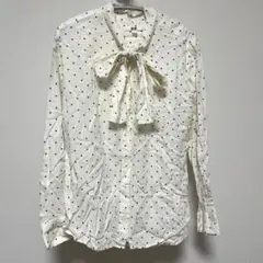 UNIQLO ドット柄リボン付き長袖シャツ S 白　黒　水玉　ブラウス　ボウタイ