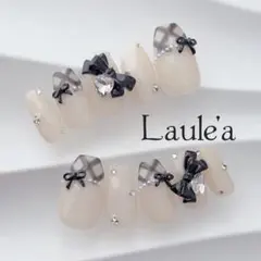 現品　フレンチガーリーネイル　ちゅるん　ベージュ　黒　リボン　韓国　チェック柄