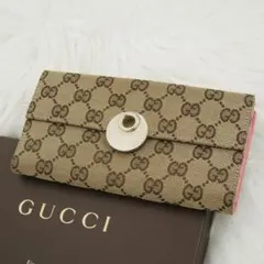 極美品　GUCCI グッチ　長財布　二つ折り　レザー×キャンバス　GG柄　ピンク