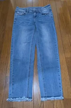 フリンジ裾 ライトブルー スキニーデニム ダメージデニム・ストレッチデニム・S