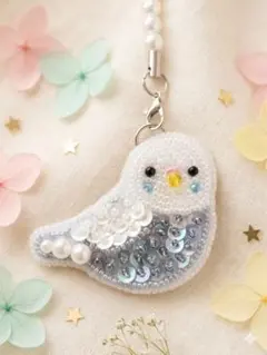 ゆめかわ セキセイインコ ビーズ刺繍ブローチ グレー