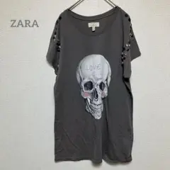 【ザラ】 スカルプリント Tシャツ Mサイズ　薄手　グレー　b435
