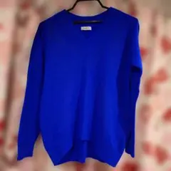 PLST 青 Vネック 長袖ニット