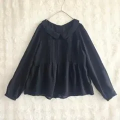 LOWRYS FARM ブラウス 黒 丸襟 シアー フレア 長袖 M