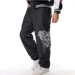 デニム ジーンズ メンズ ヒップポップ 和柄 刺繍 骸骨 ワイド　L