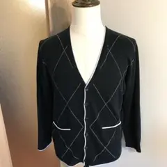 メンズ【美品 CHAPS】黒白 M アーガイル クルーネック 薄手 カーディガン