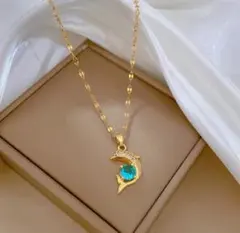 【新作】ハワイアンネックレス 金 サージカルステンレス イルカ ブルーczダイヤ