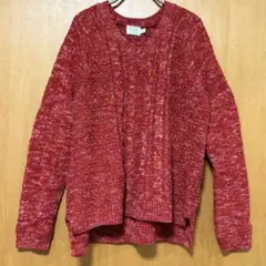 TIME AND TRUミックスカラー Vネックケーブルニット L 赤 長袖