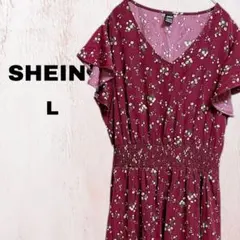 SHEIN ワインレッド フラワープリント L ロング ロングワンピース