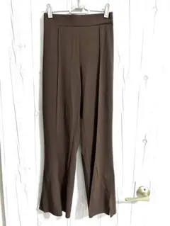 センタープレス 裾スリット ハイウエスト ワイドパンツ ロングパンツ