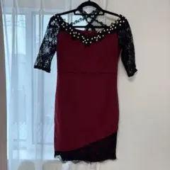 デイジーストア　クロスデザインフラワーモチーフレースタイト袖付きキャバドレス