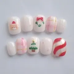 ネイルチップ 冬ネイル クリスマス 手描き チェック くま