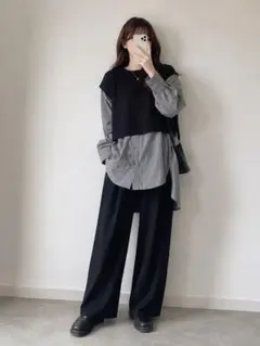 CROCODILE レイヤード風 長袖カットソー ブラック×グレー Lサイズ