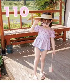 【新品】キッズ水着 110 女の子 オフショル ピンク 小花柄 ワンピース風