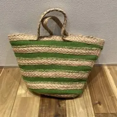ZARA 緑とベージュの麻バッグ