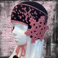 ハンドメイド 編み物 ニット帽 ビーニー 耳あて 雪の結晶❅*॰ॱ