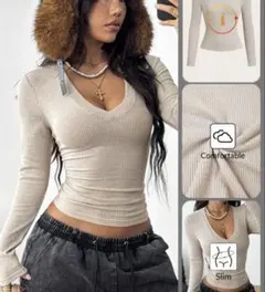 ベージュ Vネック リブ編み長袖Tシャツ