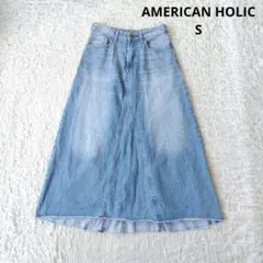 【アメリカンホリック】デニムロングスカート Aライン　ライトブルー 切り替え　S