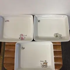 動物イラスト四角皿3枚セットホワイト17×21×3.8