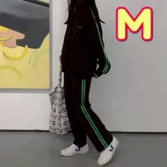 ジャージ　スウェット　韓国　サイドライン　黒　緑　上下セット　ブラック　グリーン