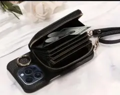 お財布一体型　iPhone12用ショルダー　ショルダー付き　レザー風　黒