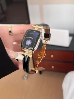 AppleWatchバンド ダイヤモンド 本革ベルト高級感 金バックル ブラック