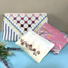 ハンドメイド　パステルカラーポーチ＆ポケットティッシュ入れ2種　計3点　未使用品