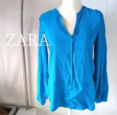 ZARA　ザラ　ストレッチ入　スキッパーブラウス　鮮やかな水色